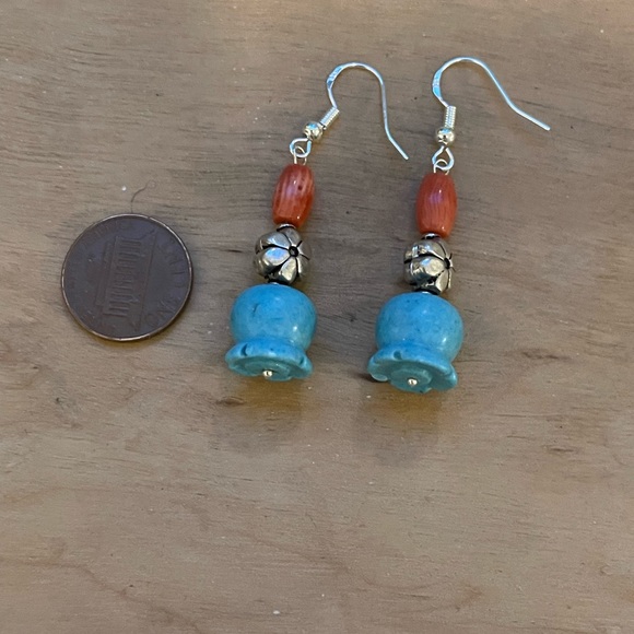 Turquoise Tulip and Coral Earrings - Picture 3 of 7